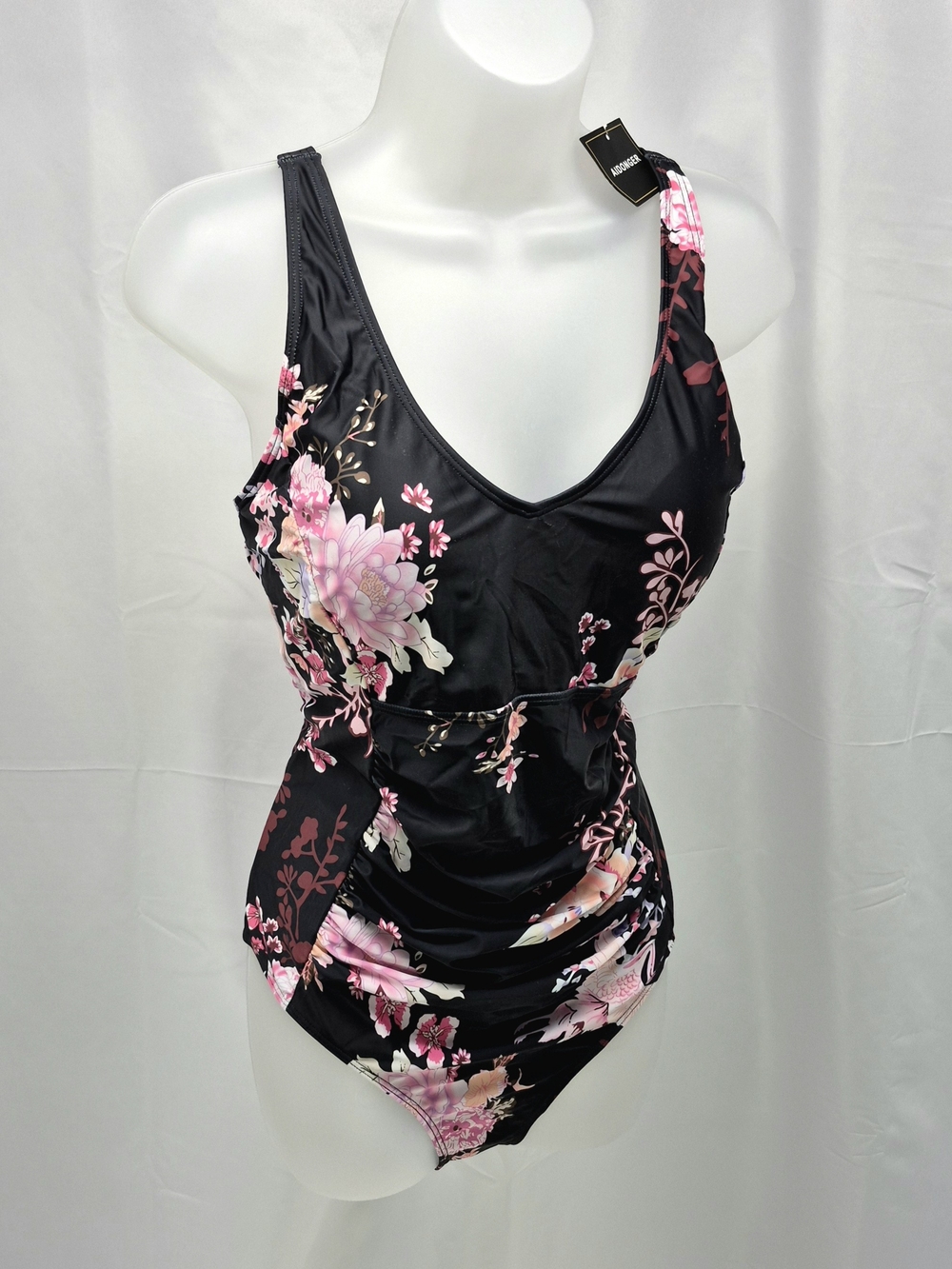 NWT Aidonger Black Floral Surplice One-Piece Swimsuit - Tummy Control XL